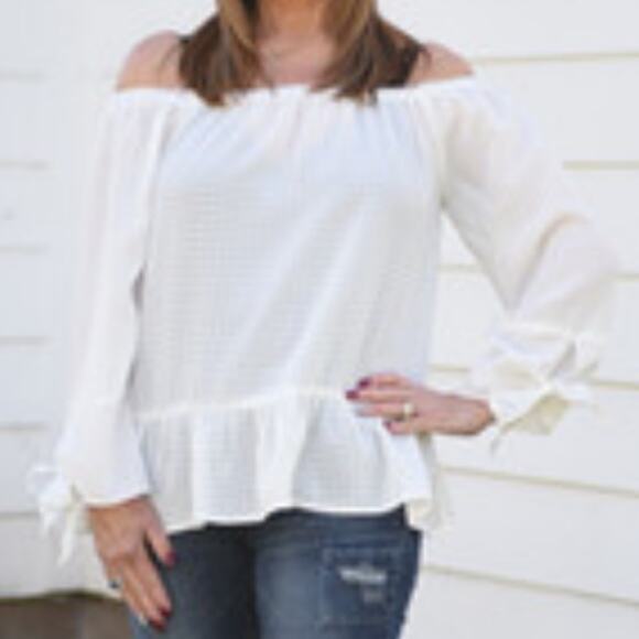Anthropologie Doe & Rae NEW White Peplum White Off Shoulder Ruffled Top M - Picture 1 of 12